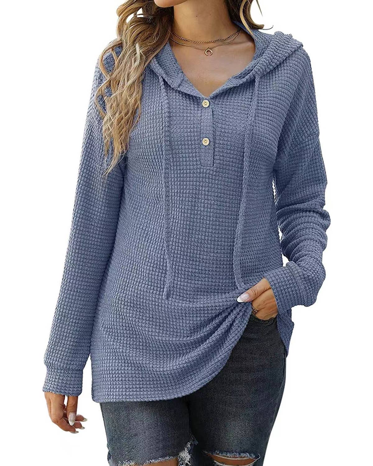 Waffle Solid Color Baggy Hooded Button Knit