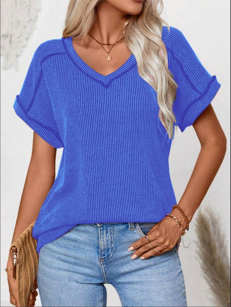 Womens Fashion Colorblock Twist V-Neck Tee