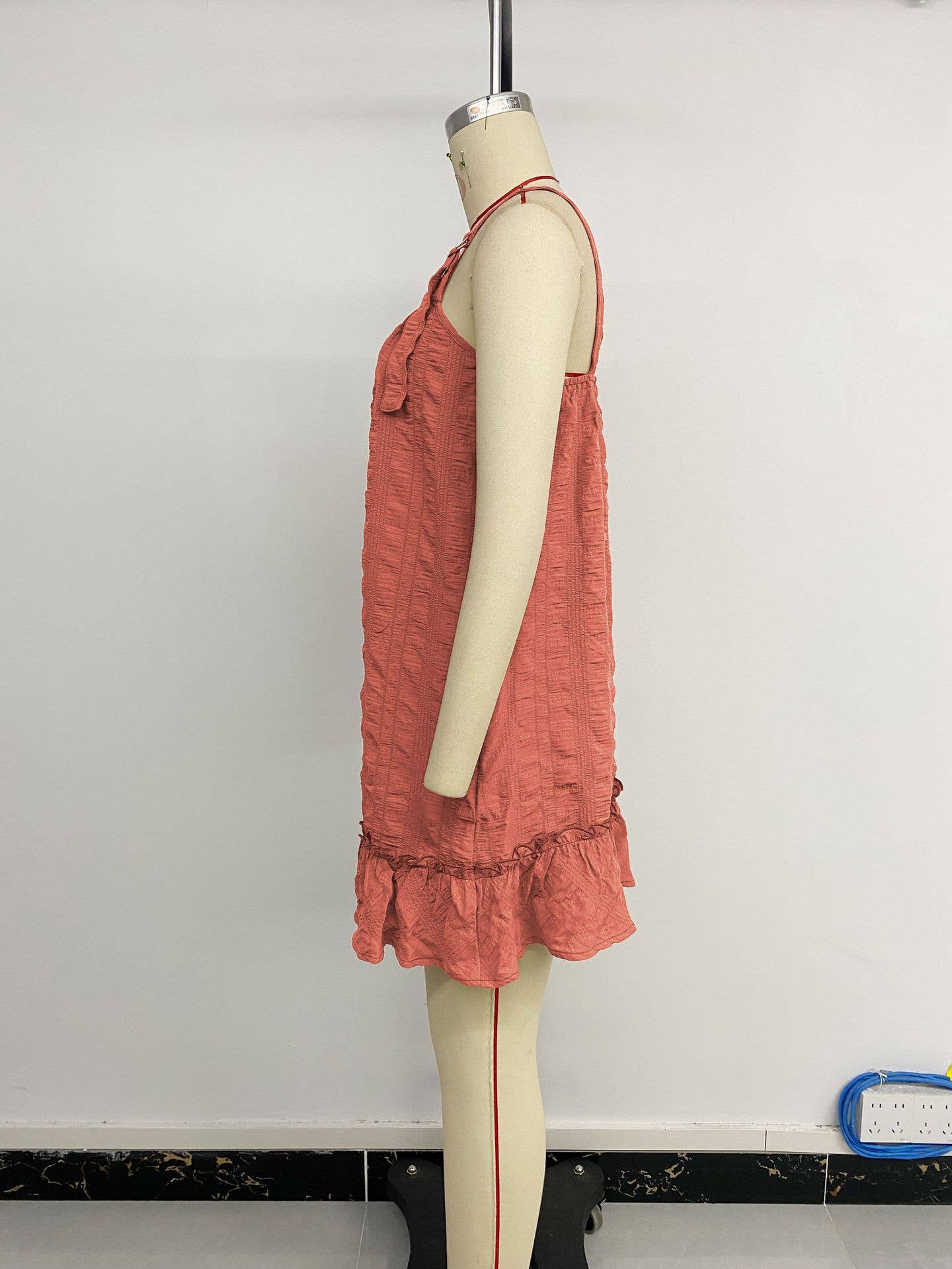 Solid Color Texture Pleated Ruffled Short Dress