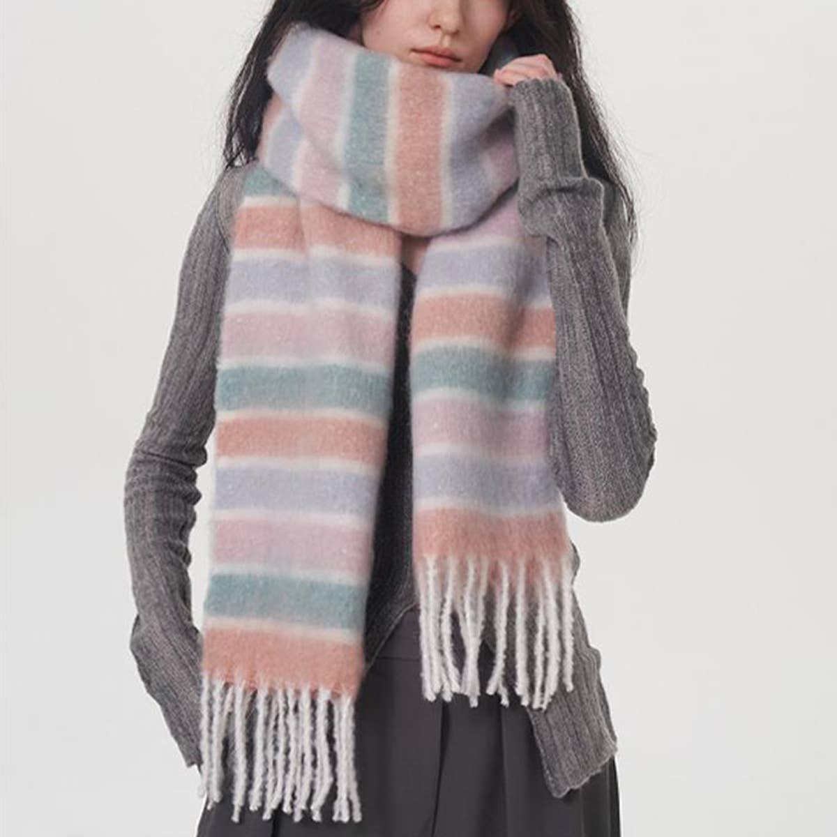 Women Striped Fringed Plaid Scarf