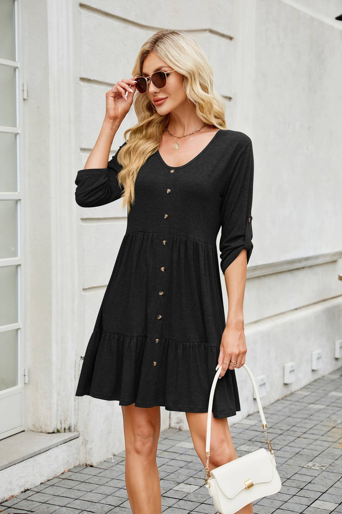 Solid Color Crew-Neck Button Mid-Length Dress