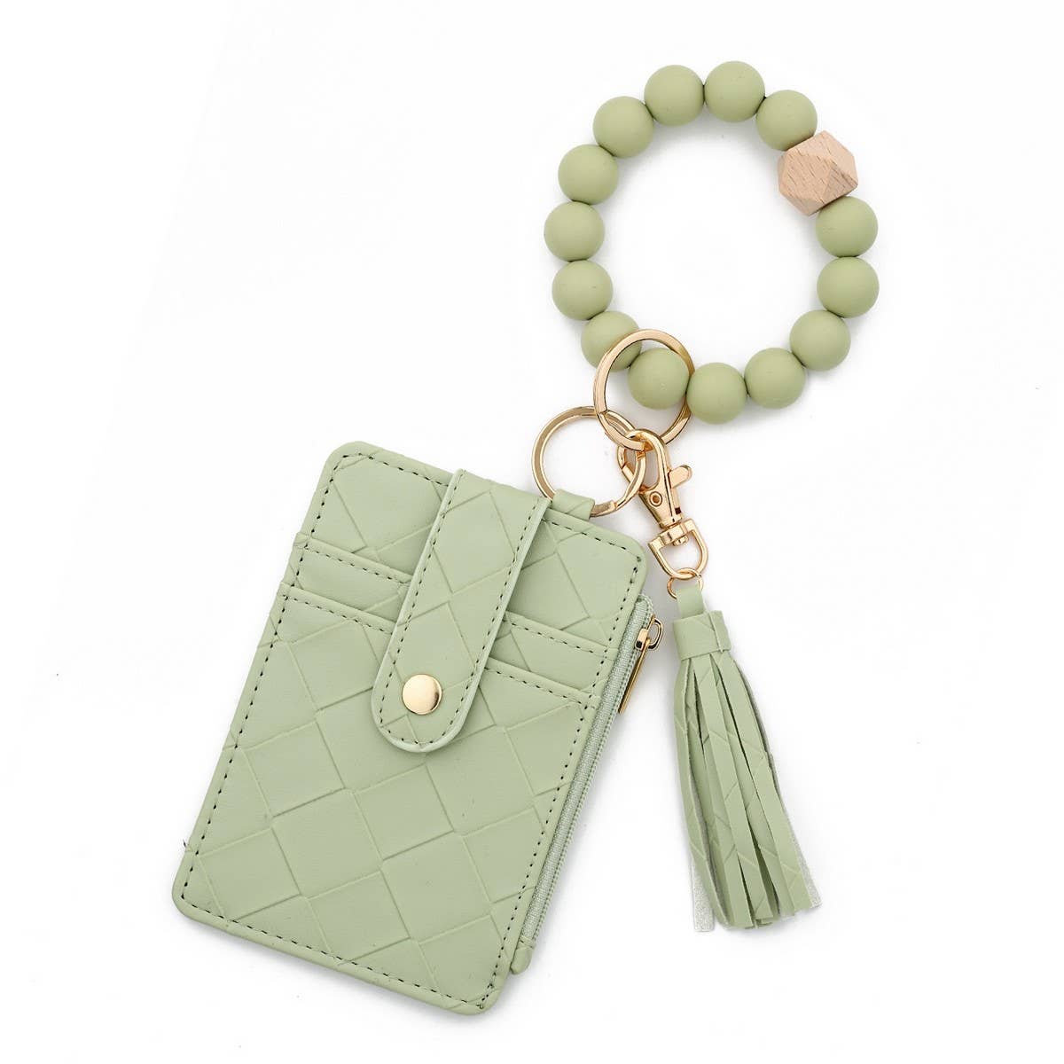 CHECKERED PU CARD WALLETWITH BEAD BRACELET KEYCHAIN_CWAB4958