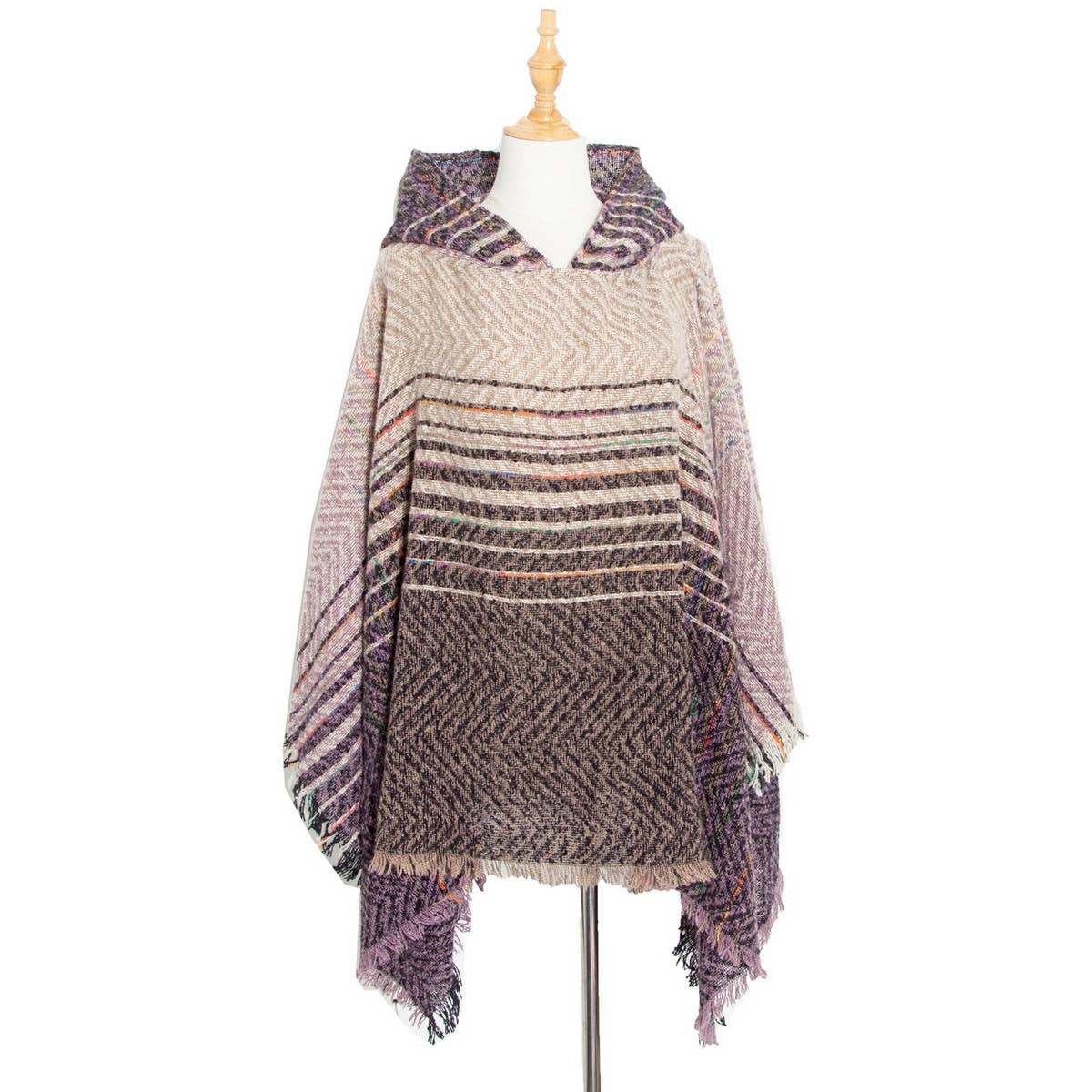 NEW HERRINGBONE GRADIENT HOODED CAPE SHAWL_CWASC1203