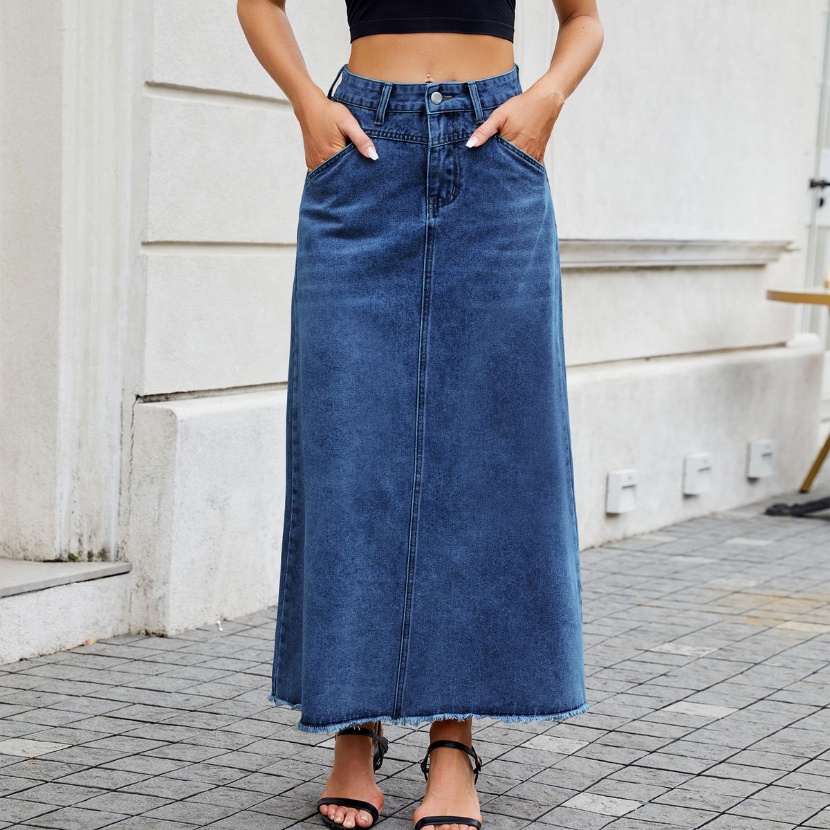 Women High Waist Denim Midi Skirt With Pockets_Cwjsk0203