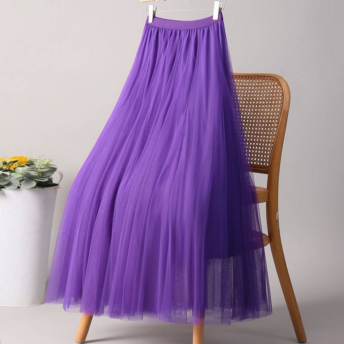 SOLID COLOR ELASTIC WAIST MESH TULLE A LINE SKIRT_CWBLS0372