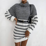 Striped Knit Mid-Length Turtleneck Sweater Dress