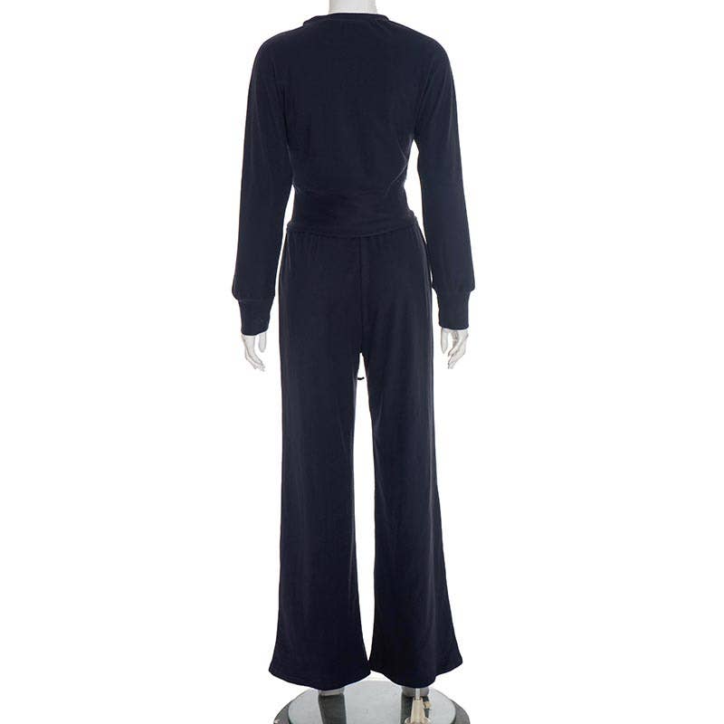 V-Neck Fitted Cardigan Lace-Up Wide-Leg Pant Set