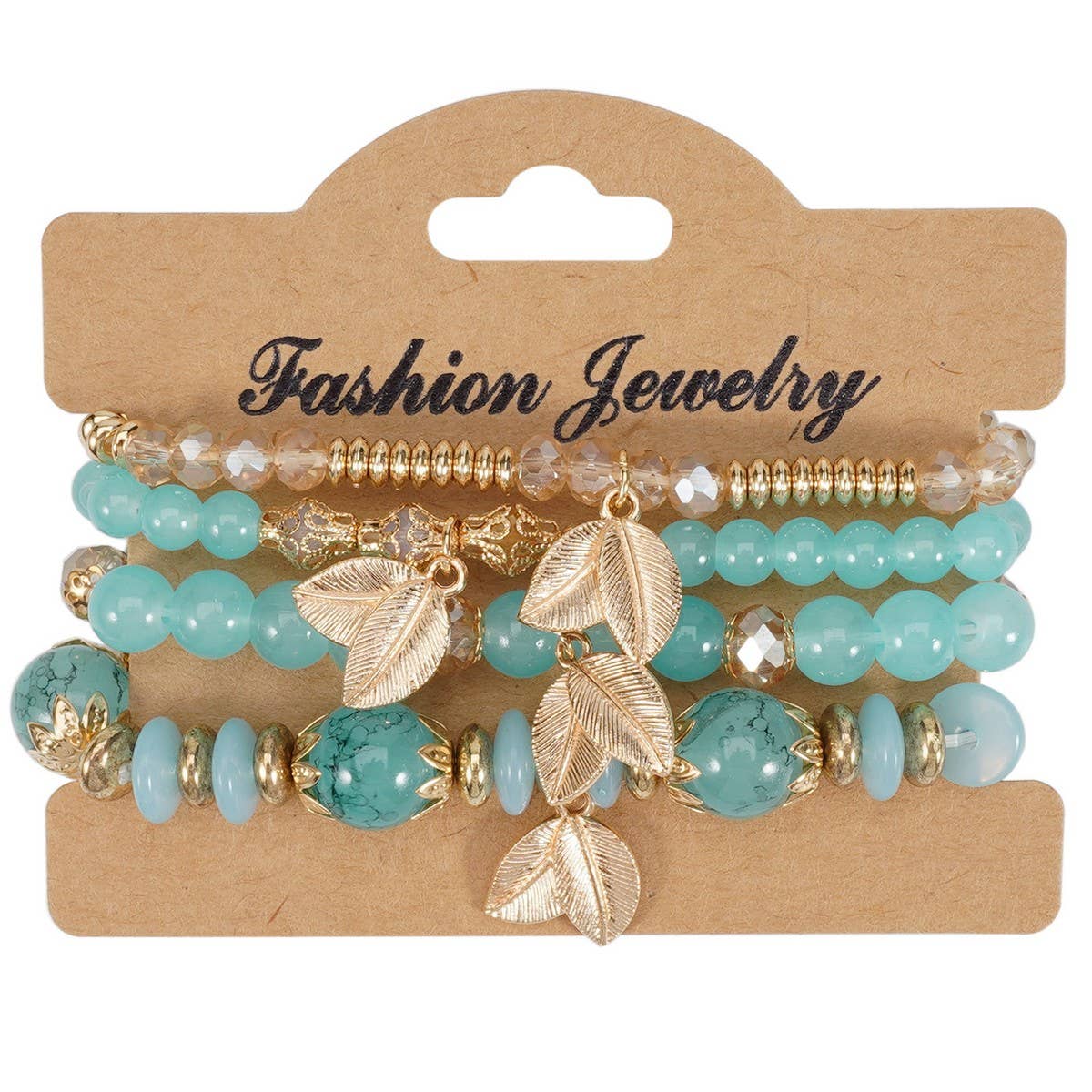 Cwmm10456_Boho Leaf Charm Multi Layer Beaded Bracelet