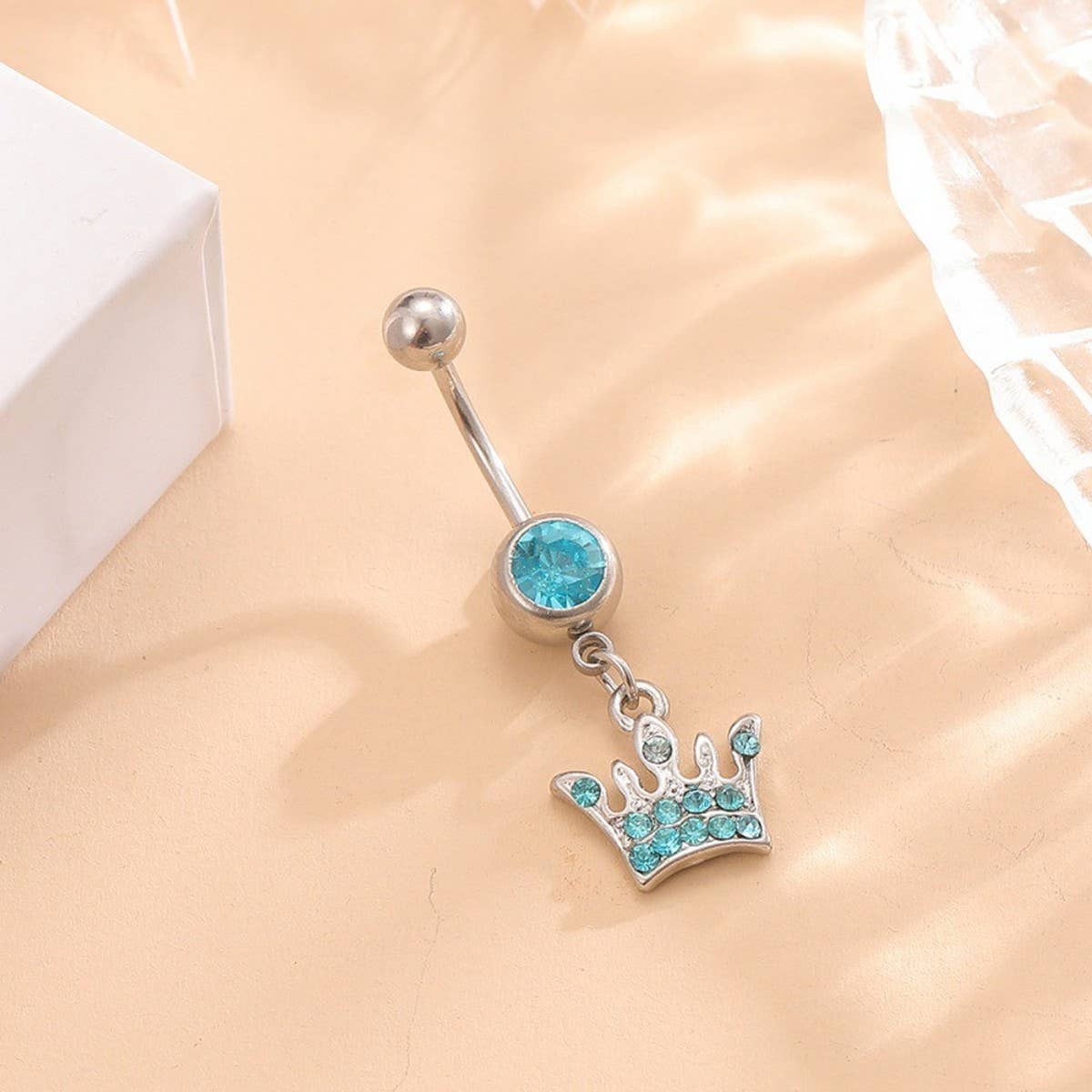 BLUE CZ CROWN BELLY RING STAINLESS STEEL PIERCING_CWMM9318