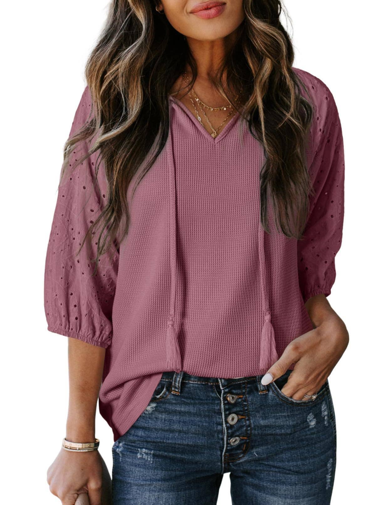 Womens Jacquard Waffle V-Neck Puff Sleeve Top