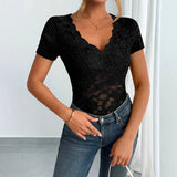 Solid-Color Lace V-Neck Short Sleeve Lace T-Shirt