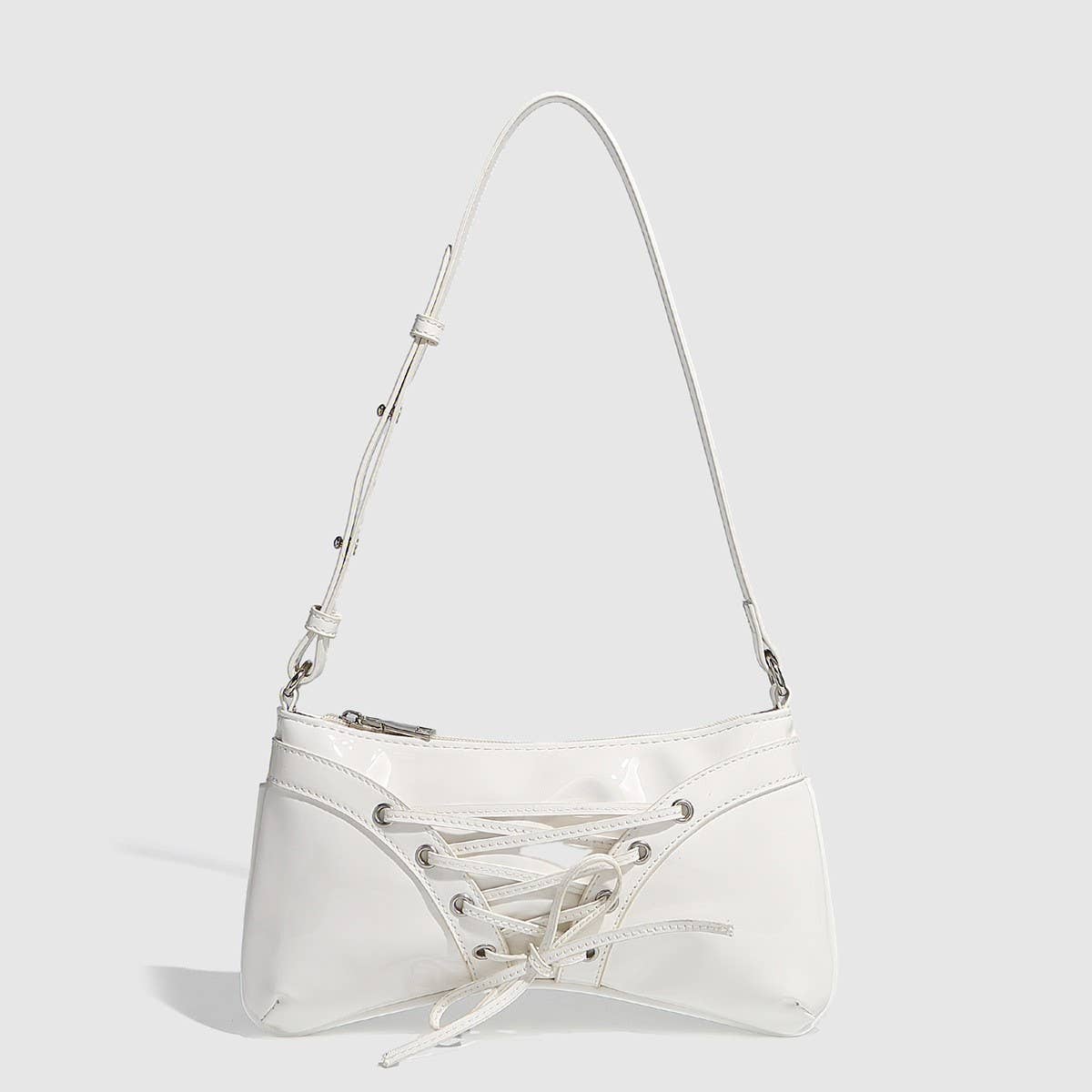 GLOSSY BOW STUDDED DRAWSTRING SHOULDER BAG_CWAB5704