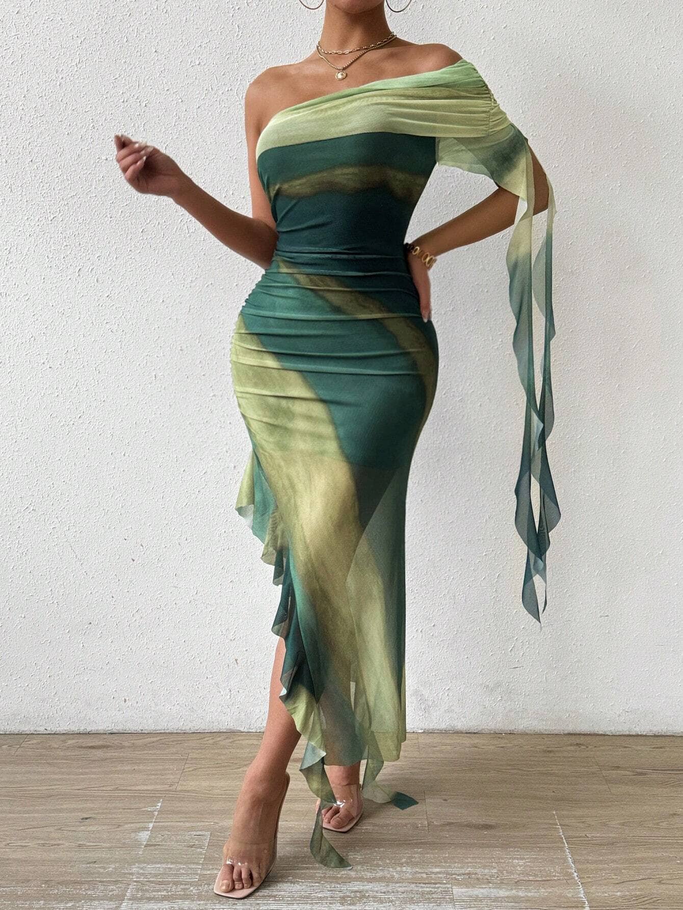 Womens Ruched Strapless Split Mesh Ruffle Dress