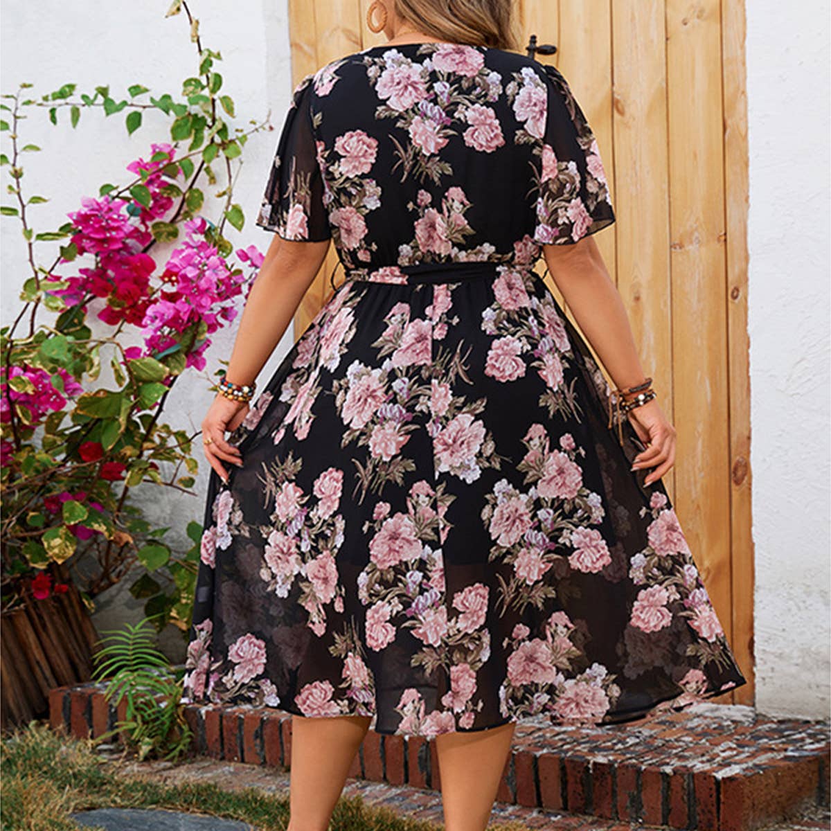 SUMMER V NECK FLORAL DRESS FLUTTER SLEEVE FLARED_CWDMD5982