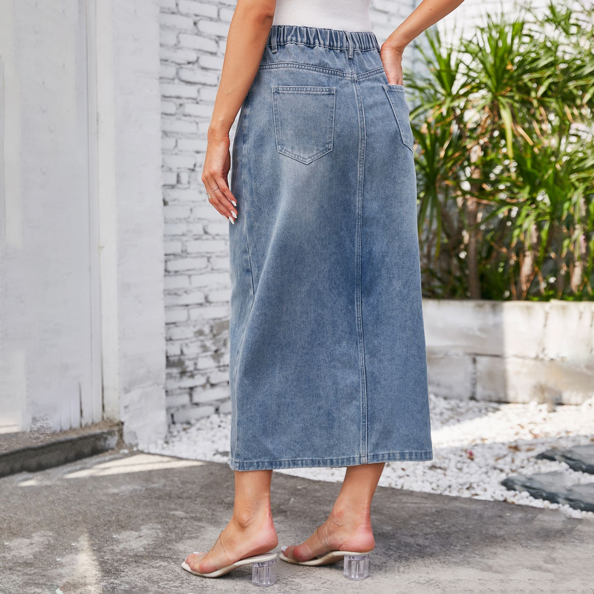 Wome Washed Denim Midi Skirt With Slit_Cwjsk0196
