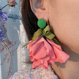 LONG STATEMENT FABRIC BOW FLOWER EARRINGS_CWMM6163