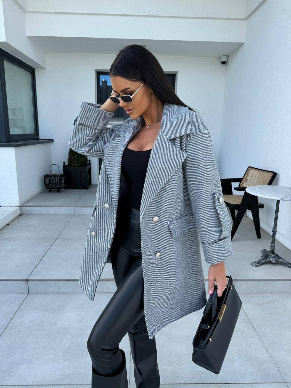 Solid-Color H-Shaped Suit Collar Long Jacket