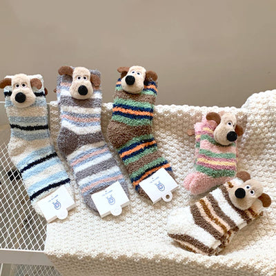 Cute Puppy Fleece 3D Slouchy Floor Socks_Cwms03223
