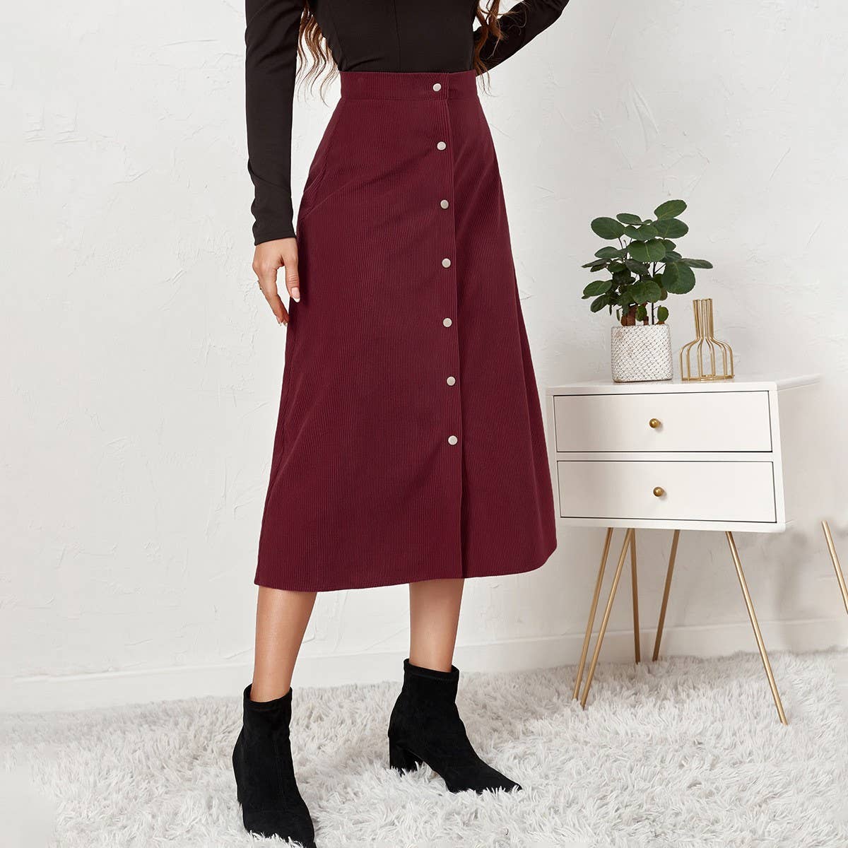 CORDUROY SKIRT SINGLE BREASTED HIGH WAISTLONGSKIRT_CWBSS0372