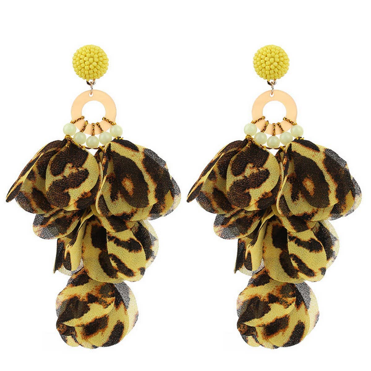 FABRIC FLOWER TASSEL EARRINGS WITH LEOPARD PRINT_CWMM6265