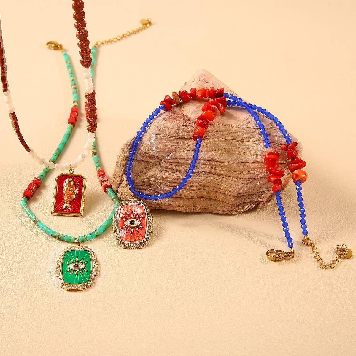 EVIL EYE NATURAL STONE BEADED HANDMADE NECKLACE_CWMM8871