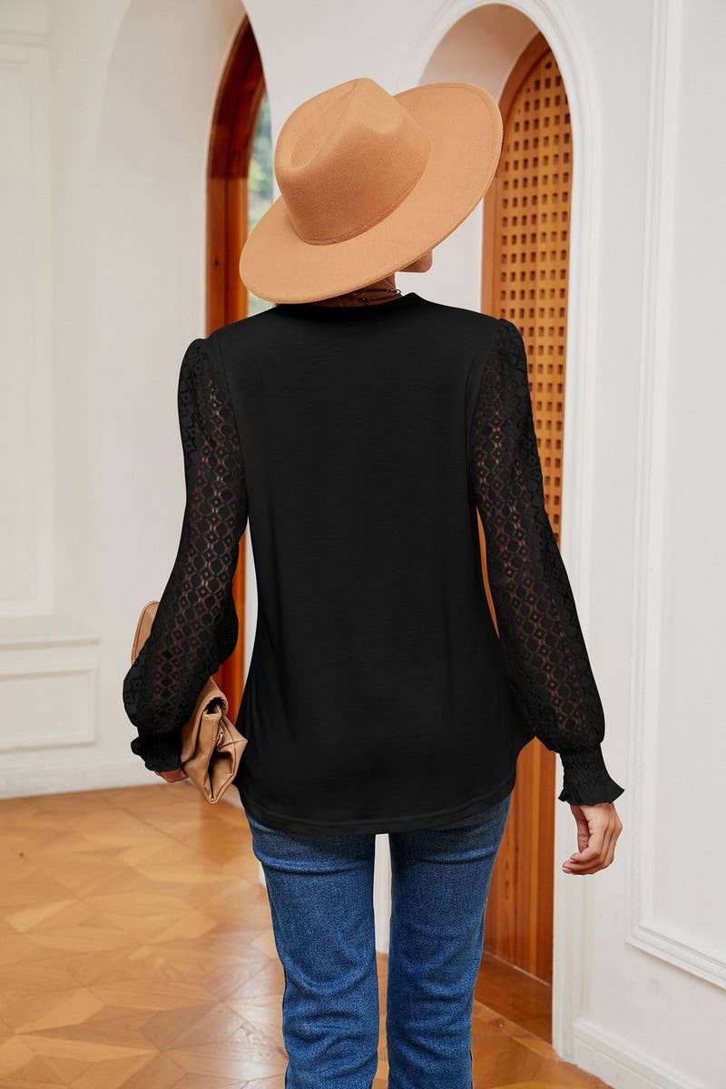 Cwtbll2401_V-Neck Lace Stitching Long-Sleeved Casual Top