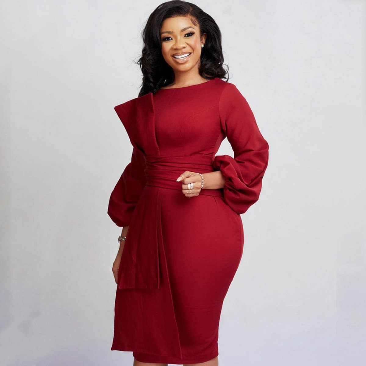 SOLID COLOR ROUND NECK HIP COMMUTER DRESS_CWDMD3699