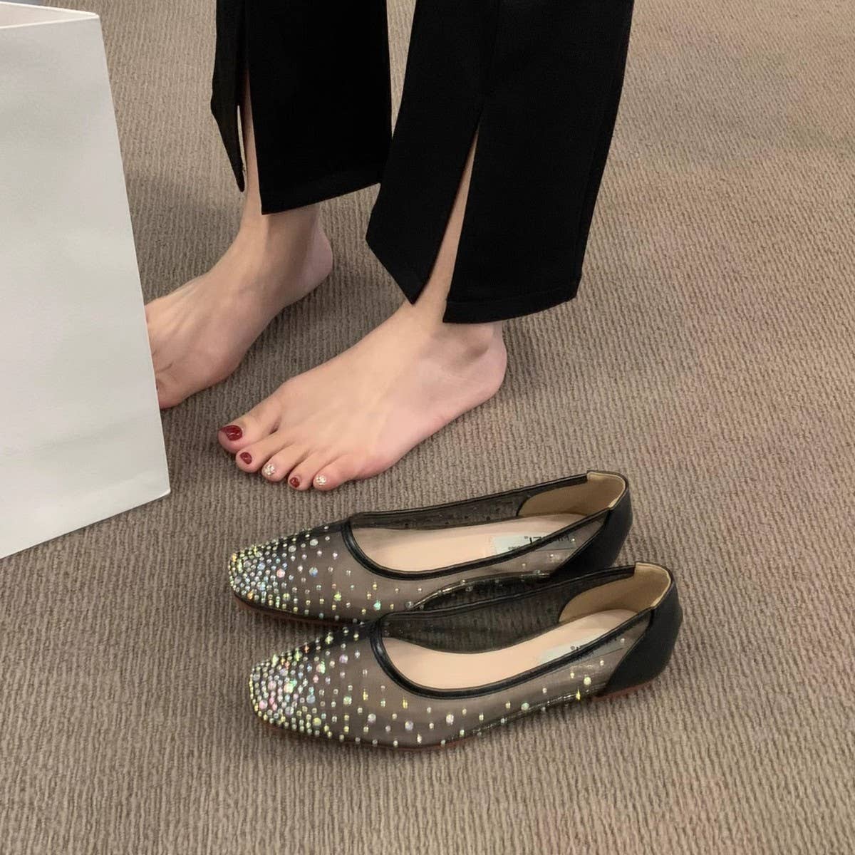 FLAT SQUARE TOE RHINESTONE BREATHABLE FAIRY FLATS_CWSHF0122