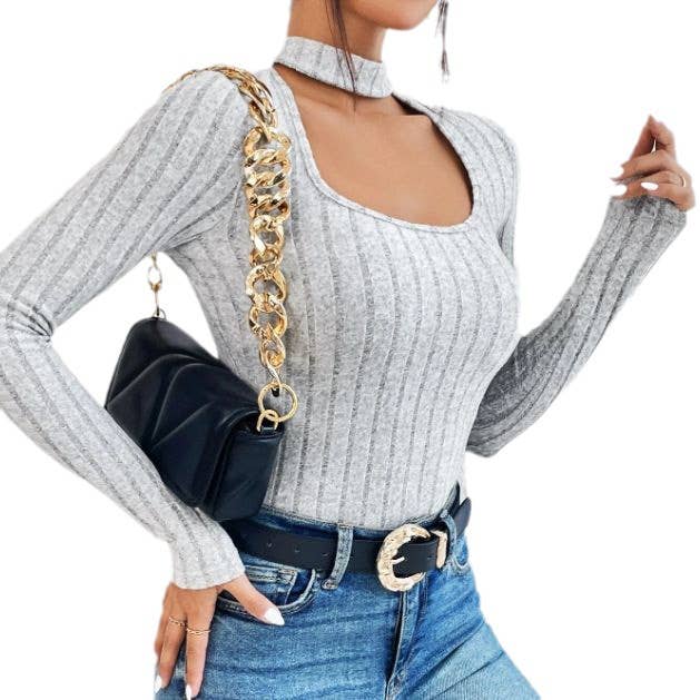 U-Neck Long Sleeve Pit Striped Wool Knit T-Shirt