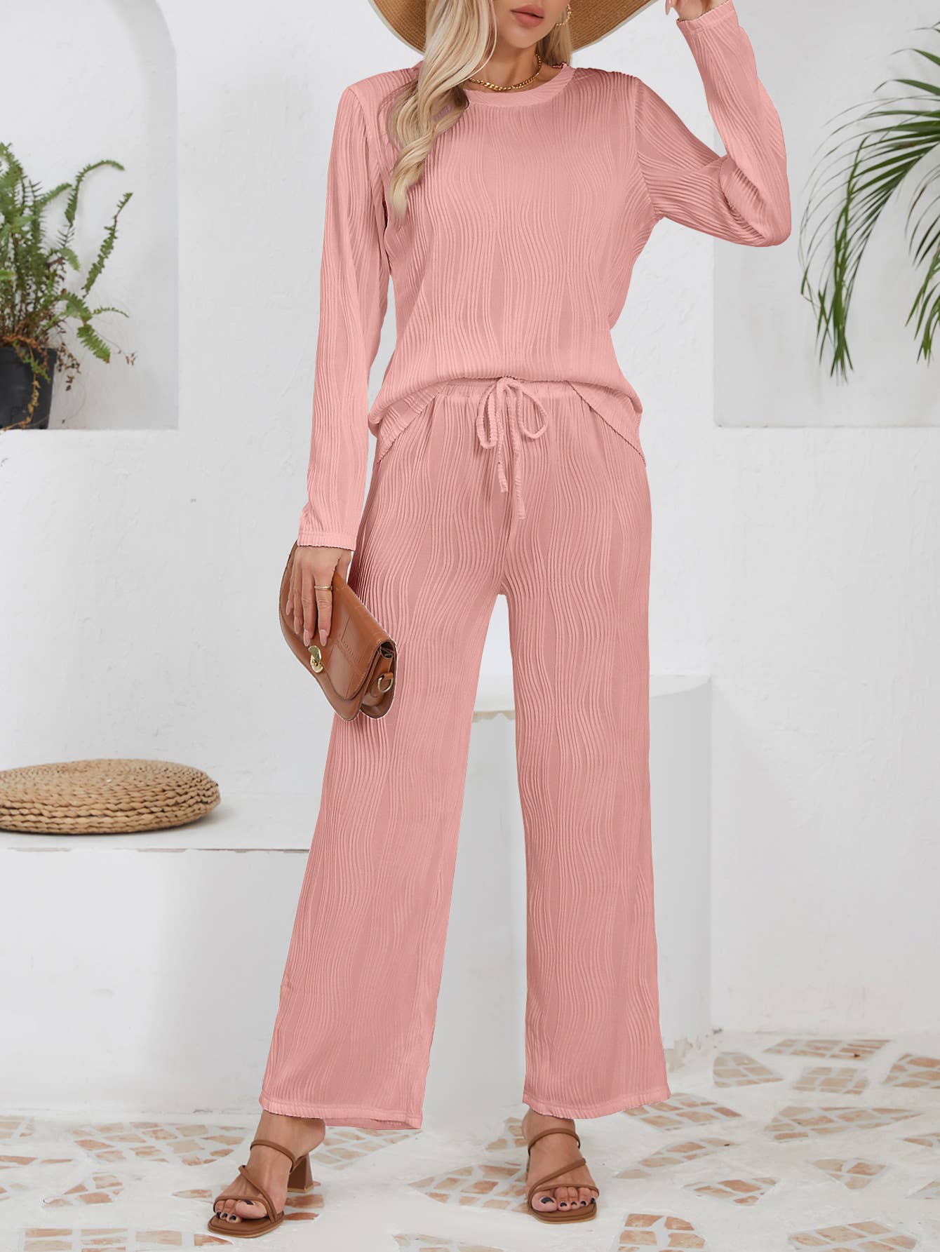 Solid-Color Knitted Jacquard Long Loose Suit