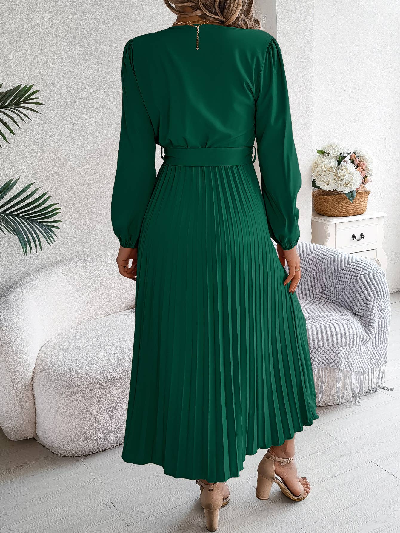 V-Neck Button-Up Long Pleated Dress