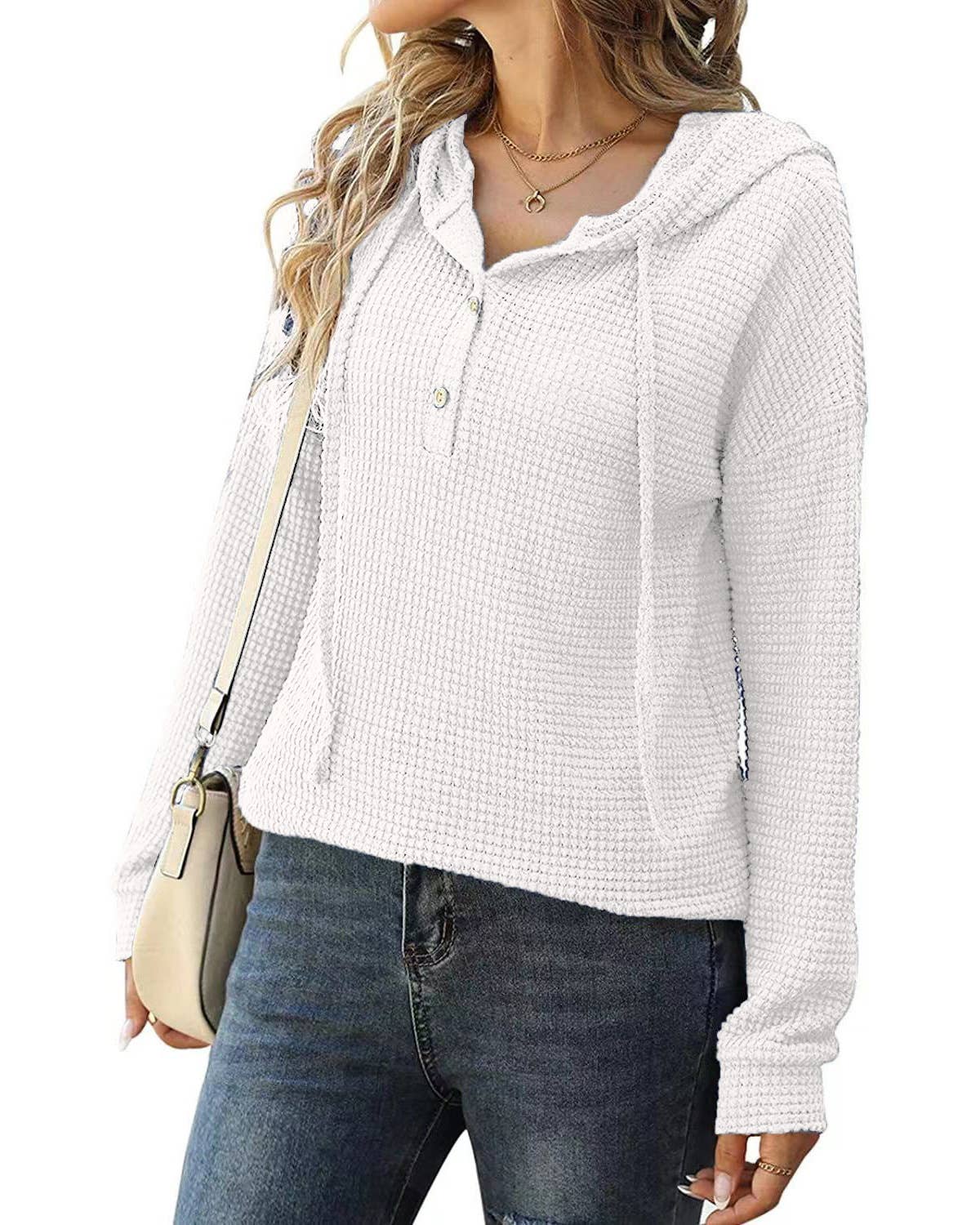 Waffle Solid Color Baggy Hooded Button Knit