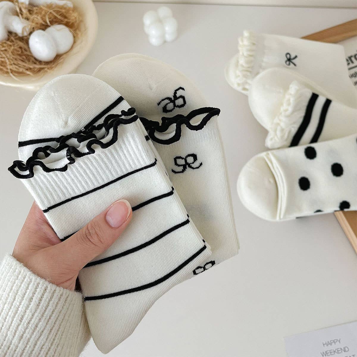 Cute Dots, Stripes,Bow Ruffle White Crew Socks_Cwms1367