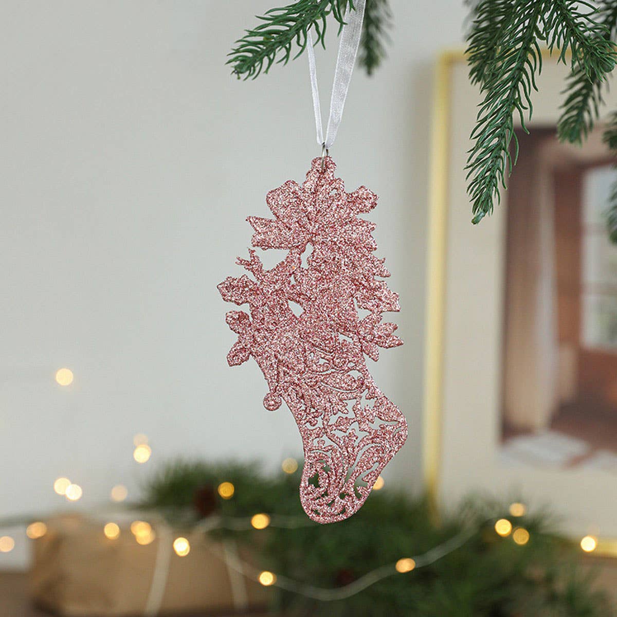 PINK GOLD GLITTER PLASTIC CHRISTMAS TREE ORNAMENT_CWMM9763