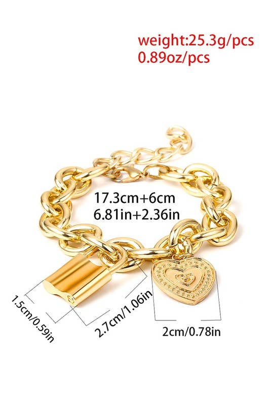 Embossed Heart And Lock Shaped Pendent Bracelet_Cwaje245