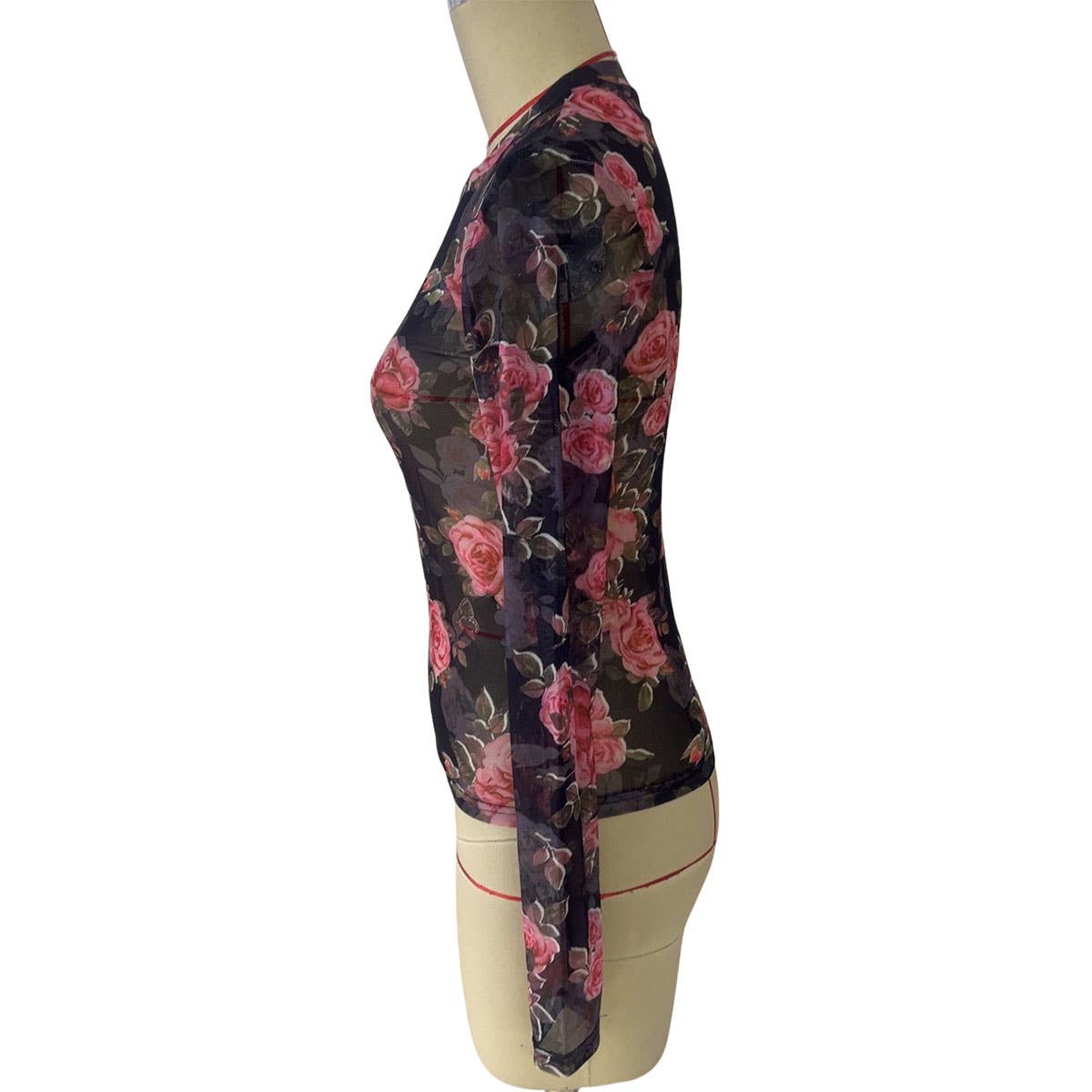 SEMI SHEER ROSE PRINT CHIFFON MESH LACE TOP_CWTBLL3424