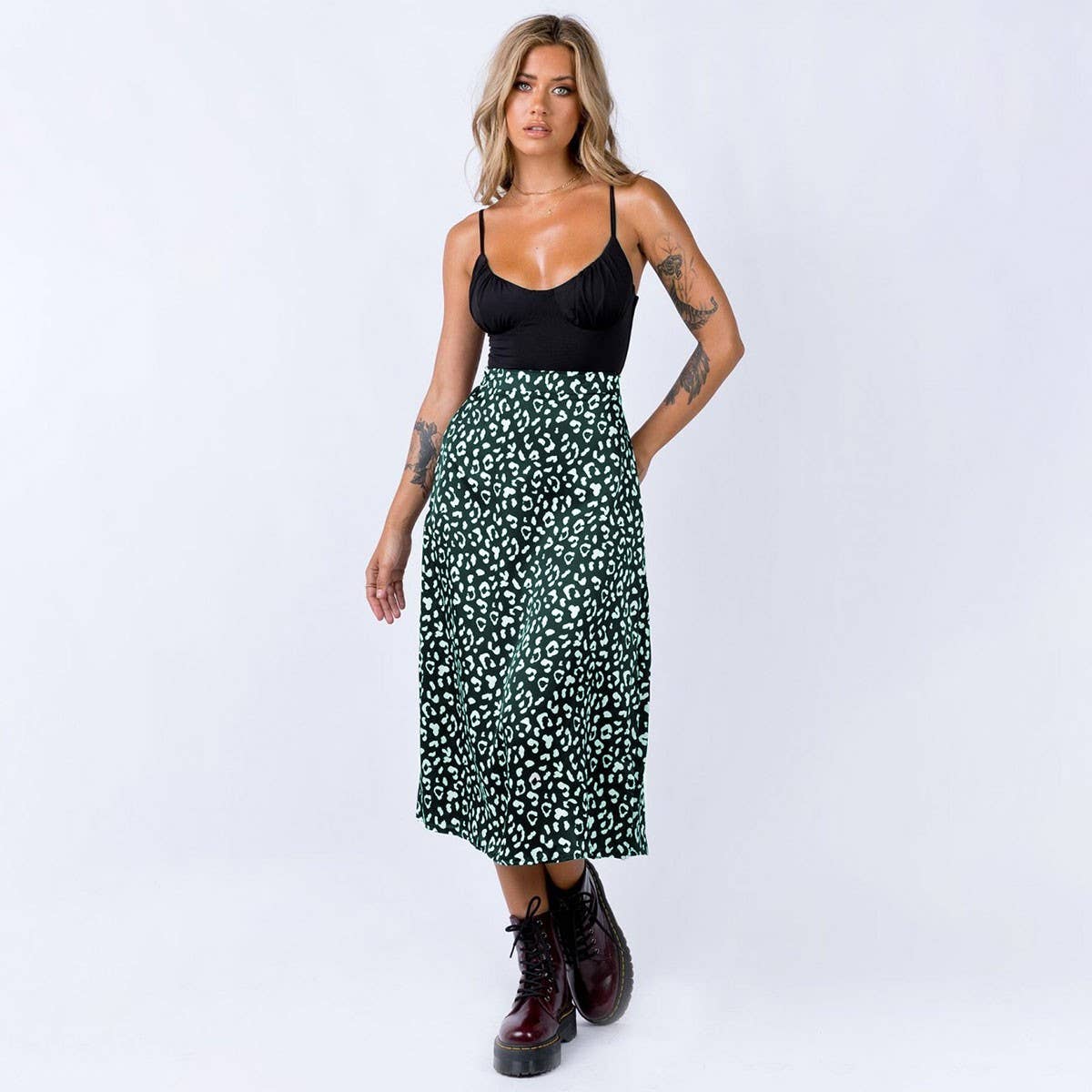 HIGH WAIST LEOPARD CHIFFON PRINT SLIT MIDI SKIRT_CWBSS0377