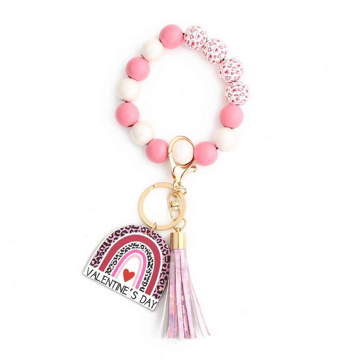 HEART CHARM WOODEN BEAD BRACELET KEYCHAIN_CWAB5077