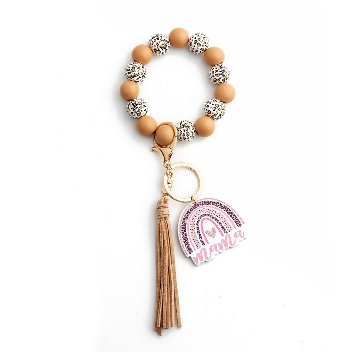 LEOPARD WOOD BEAD BRACELET HEART KEYCHAIN_CWAB5075