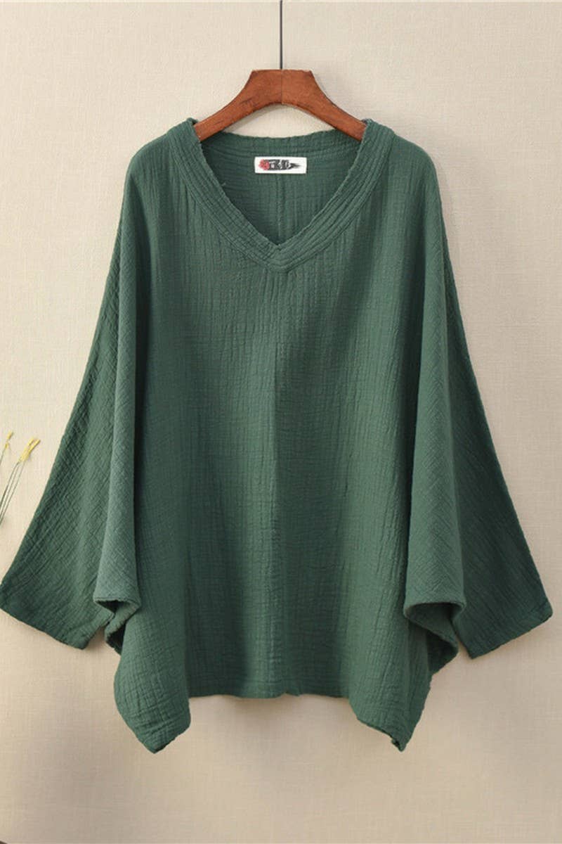 Cwtbll2463_Cotton And Linen Pullover V-Neck Bat T-Shirt