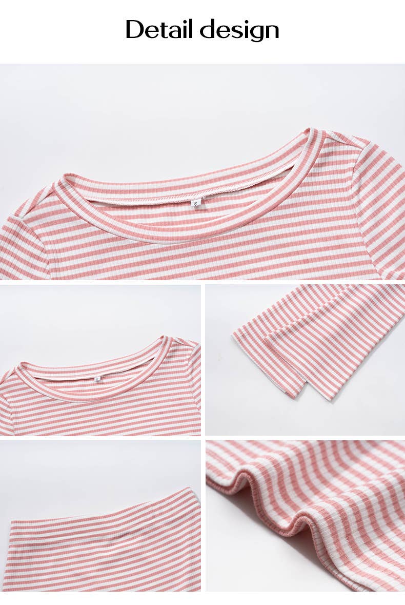 Striped Knitted Long-Sleeved Half-Skirt Suit