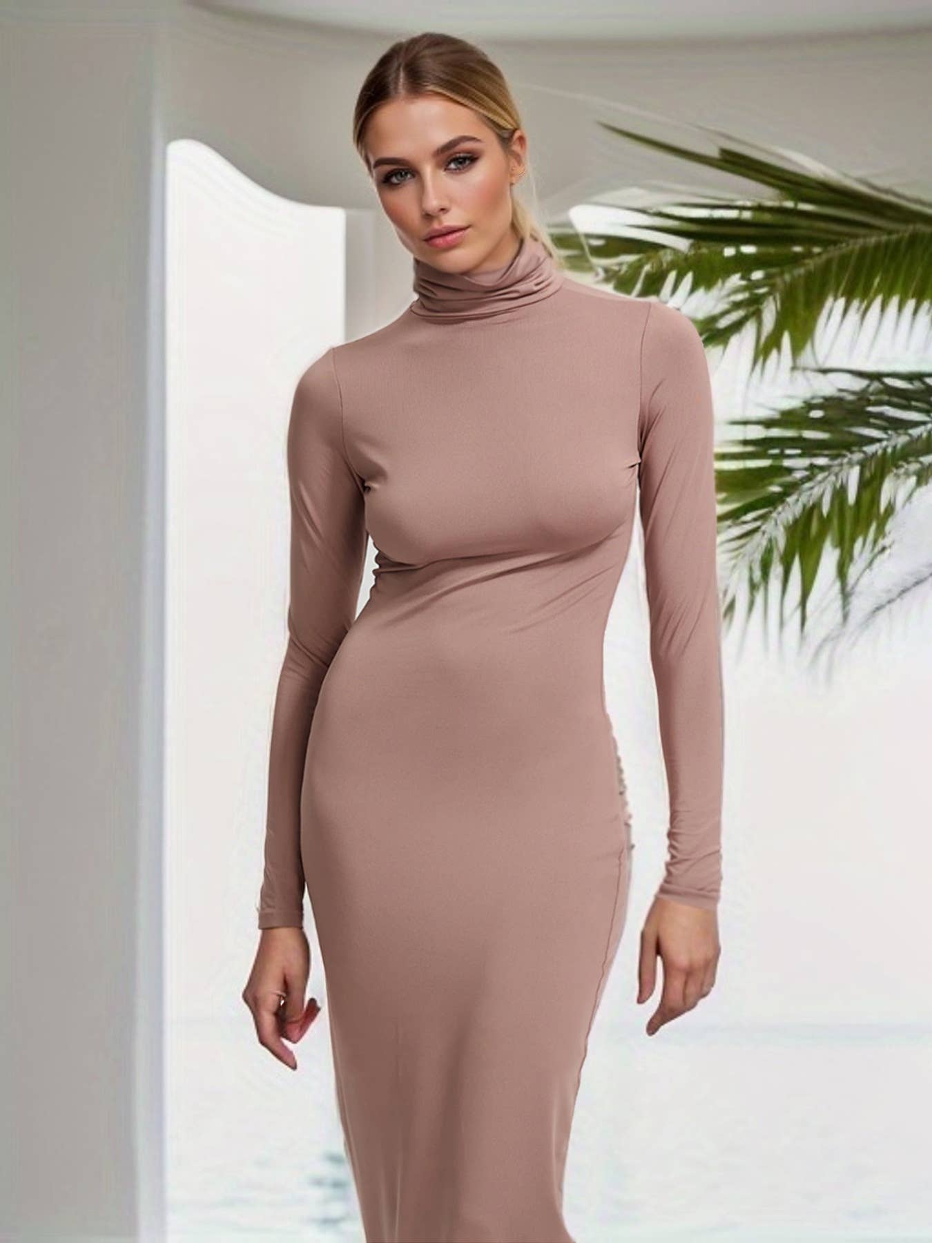 Stylish Solid Color Long Sleeves High Neck Dress
