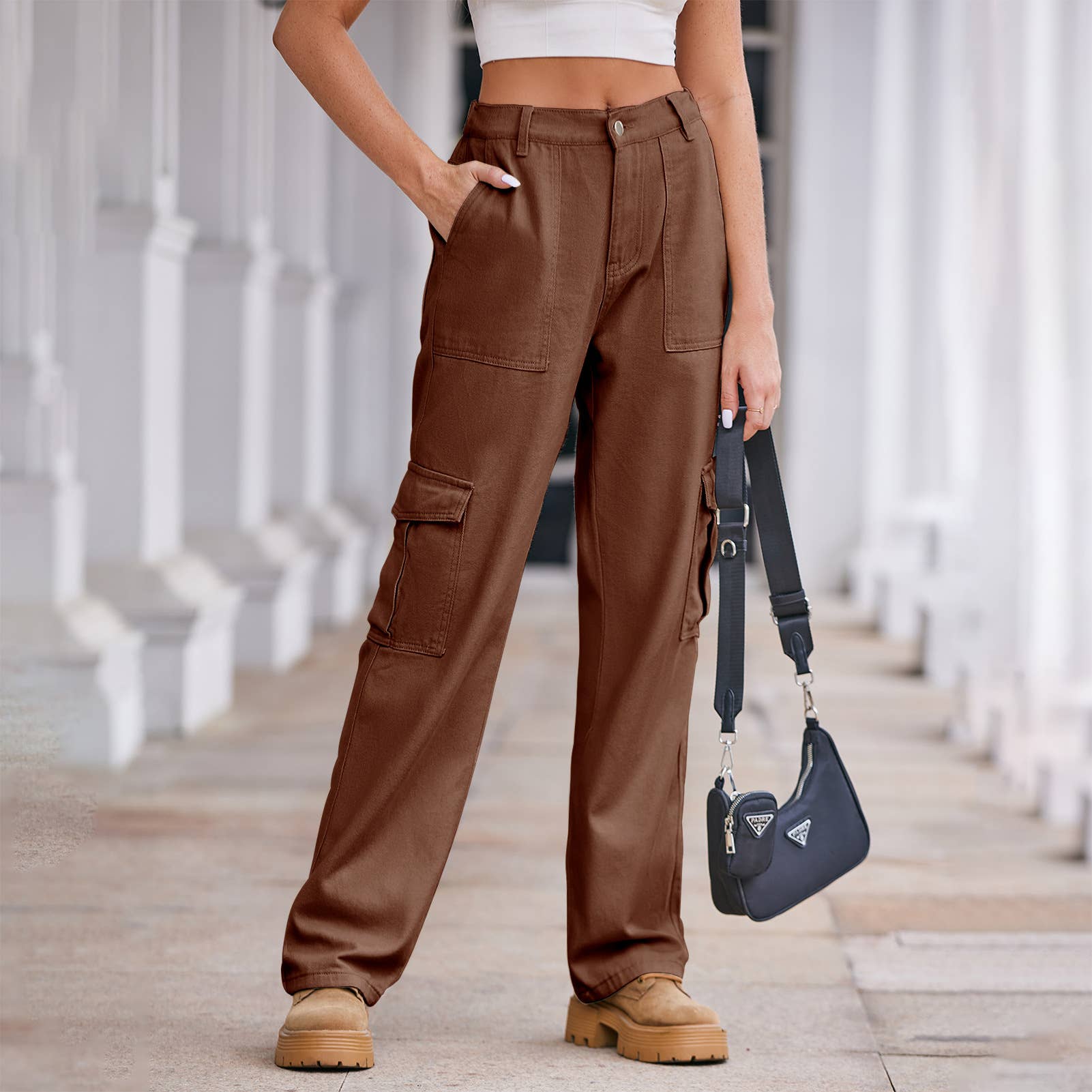 Washed Semi-Elastic Waist Denim Workwear Trousers