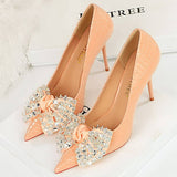 SHALLOW POINTED TOE RHINESTONE BOW HIGH HEELS_CWSHH0079