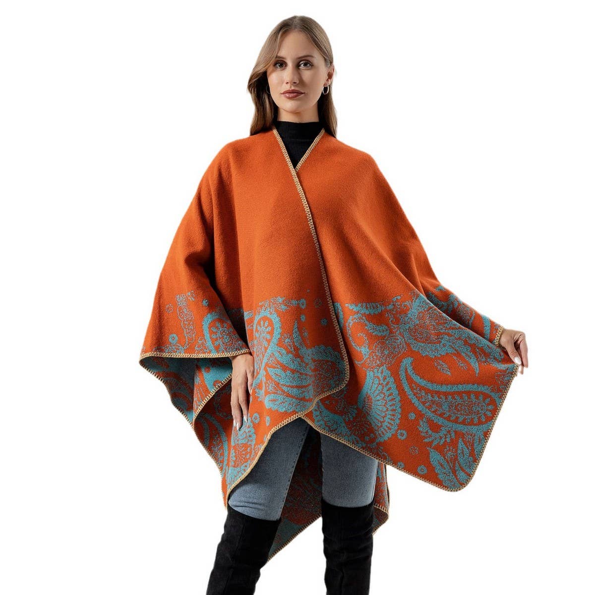 CASHEW FLOWER SHAWL SLIT CAPE DOUBLE SIDED SCARF_CWASC2222