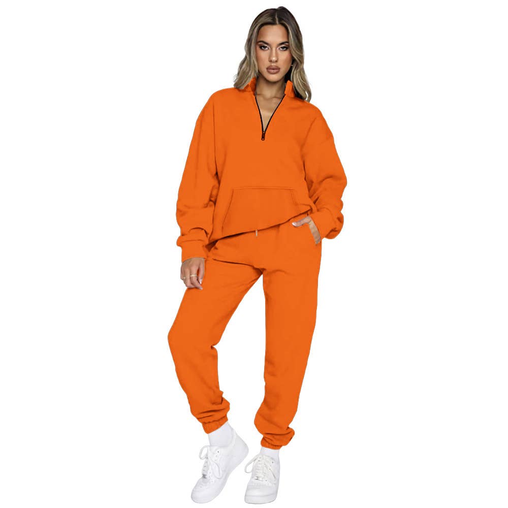 Solid-Color Zipper Sweatshirt And Sweatpants Set