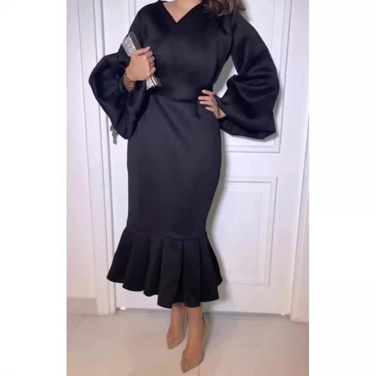 FASHION PLUS SIZE VNECK LONG SLEEVE FISHTAIL DRESS_CWDMD3671