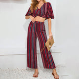 Striped Pants Short Sleeve Top Two-Piece Set