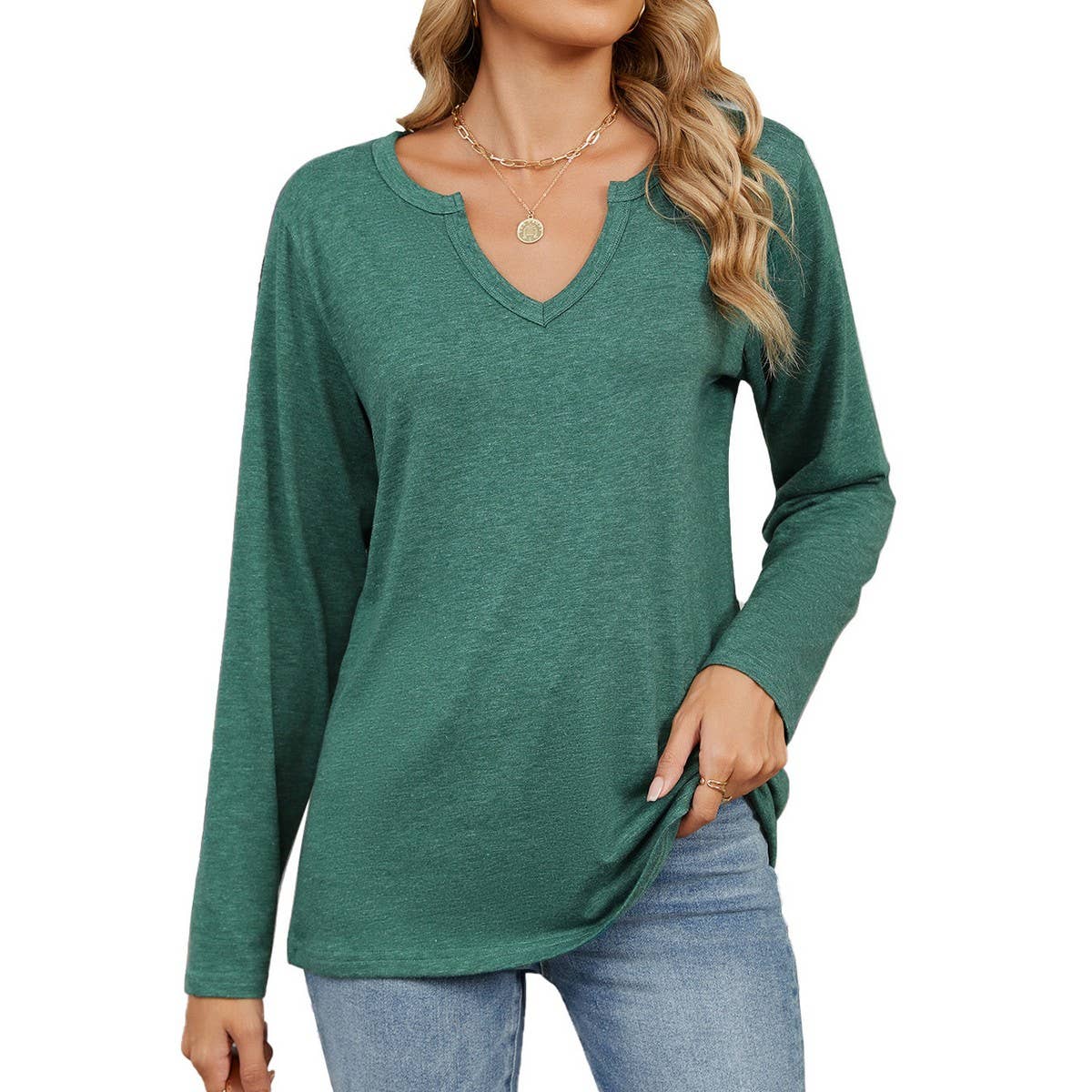 V-Neck Color Cotton Long Sleeve Loose T-Shirt