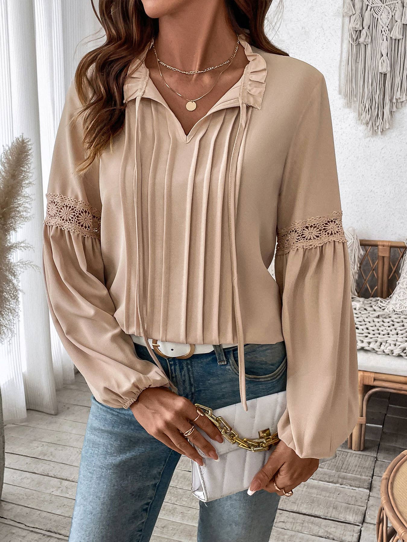 Solid-Color Casual Lace-Up V-Neck Stylish Shirt